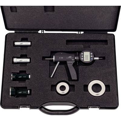 A calibration set in a case with a digital measuring device and various attachments, carefully positioned in foam inserts.