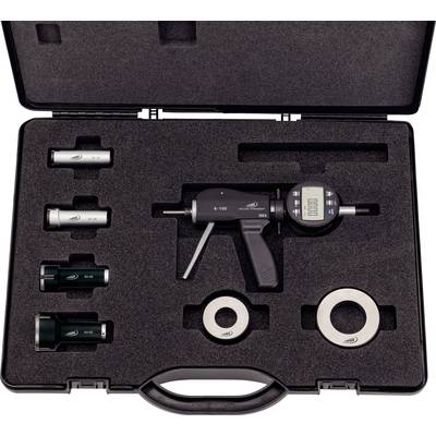 A black case contains precision measuring tools, including a digital measuring instrument, calibration rings, and various adapters.