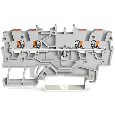 A grey, modular terminal block with multiple connections and orange clamping levers, suitable for industrial applications.