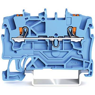 Blue plastic terminal block with metal connections. Device for securing and connecting electrical conductors on DIN rails.