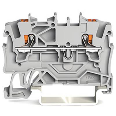 Grey electrical terminal block, cross-section, showing internal metal connections and orange components for wire fastening.