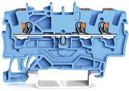 Cross-section of a blue clamp with internal metal components and orange levers, showing the electrical switching mechanism.