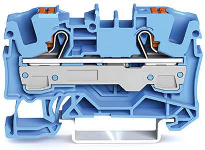 A cross-section of a blue terminal block with metal contacts. Suitable for connecting electrical cables in control panels.
