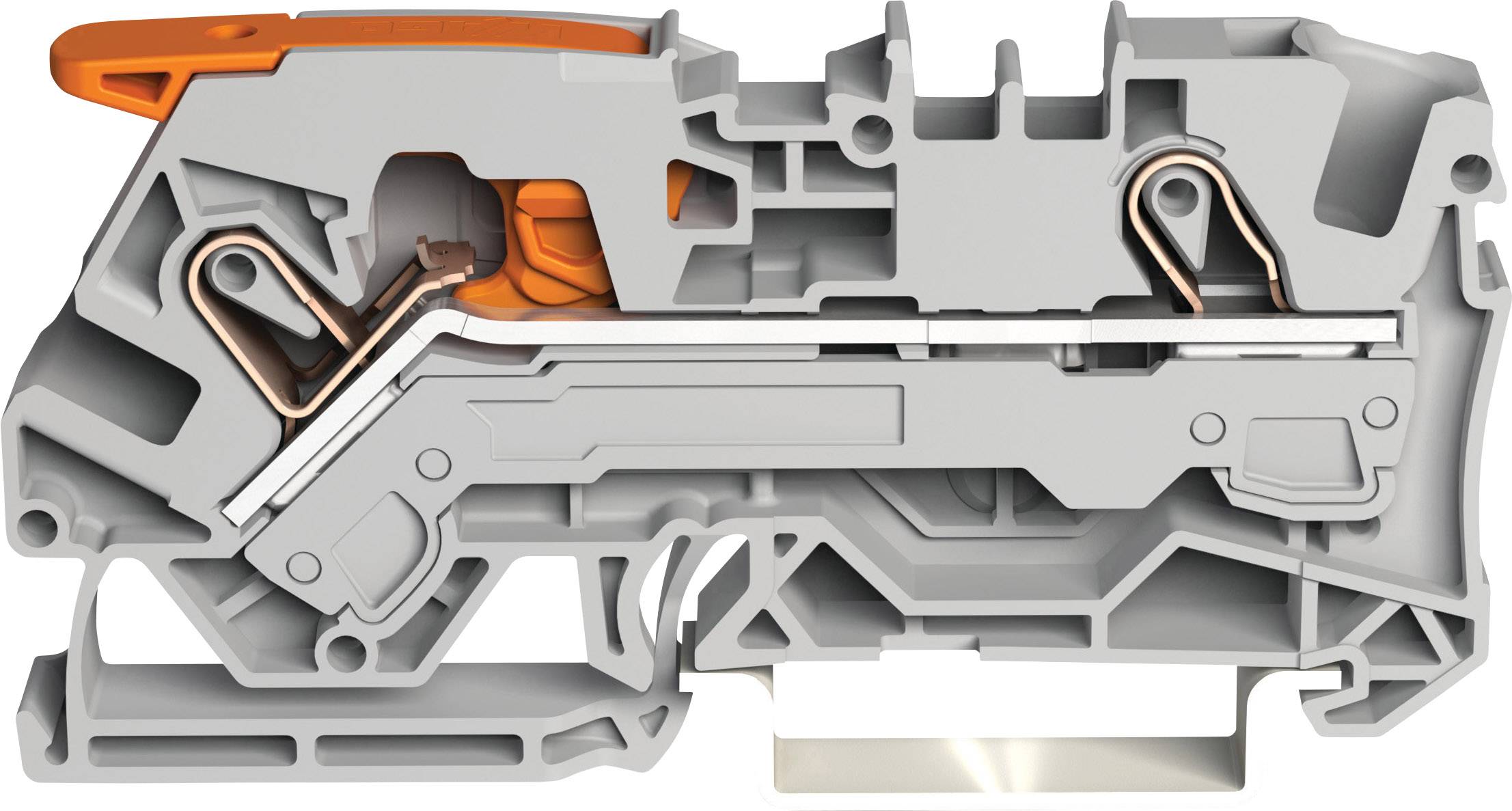Cross-section of a mechanical component with orange and metallic components, revealing internal structure and operating mechanism.
