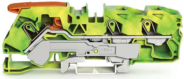 Cross-section of an electrical terminal with colour-highlighted components, showing internal mechanisms for cable connection.
