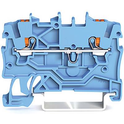 A cross-section of a blue electrical terminal with orange-marked areas. It shows internal structures and contact points.
