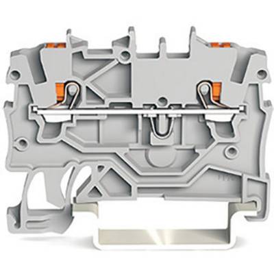 Grey terminal block module with visible connection points and metal bracket.
