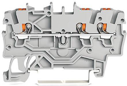 A grey electrical connector with multiple terminal blocks and visible internal metal connections.