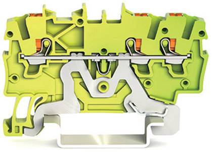 A cross-section of a green terminal block module reveals the internal wiring and mounting mechanisms for industrial applications.