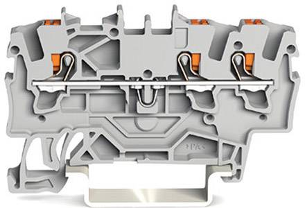 A grey DIN rail connection terminal with two wire connection points and orange lever mechanisms for electrical connection.