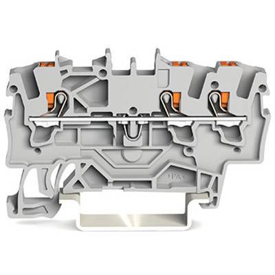 A grey DIN rail connection terminal with two wire connection points and orange lever mechanisms for electrical connection.