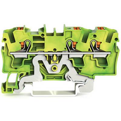 A cross-section of an electrical terminal block, green, with metal components and visible plastic parts in various colour tones.