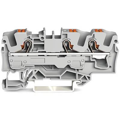 Cross-section of a grey terminal block with an internal metal contact and orange terminals. Used in electrical junction boxes.