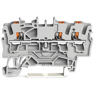 Cross-section of a grey electrical terminal block with lateral openings and orange clamping mechanisms.