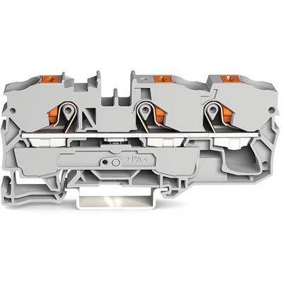 A grey, modular connector with two terminals and orange levers, suitable for connecting electrical cables.