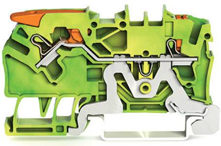 A green and orange terminal block in cross-section, showing internal metal connections and mechanisms for electrical conductivity.