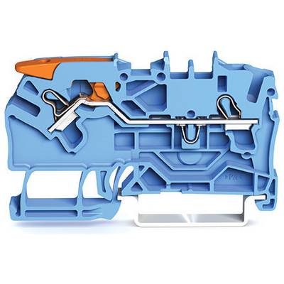 Cross-section of a blue electrical connector with an orange lever and metal contacts, showing internal mechanisms.