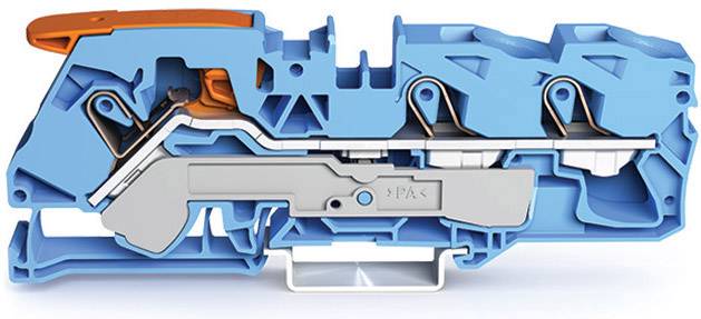 Cross-section of a blue and grey electrical terminal block showing internal mechanical components and connections.