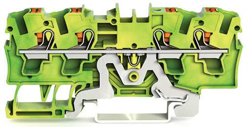 Cross-section of a green electronic plug with metallic contacts and insulating layers. Shows internal structural details.