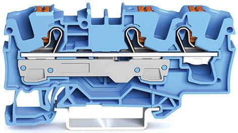Cross-section of a blue electrical terminal with multiple internal layers and metal connections, showing the internal wiring structure.