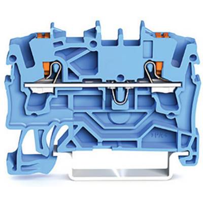 Blue electrical connector, cross-sectional view. Shows internal structure with terminals and wires. Technical component.