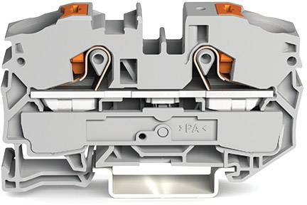 Grey clamp with orange accents, showing internal mechanics and connection options for electrical cables.