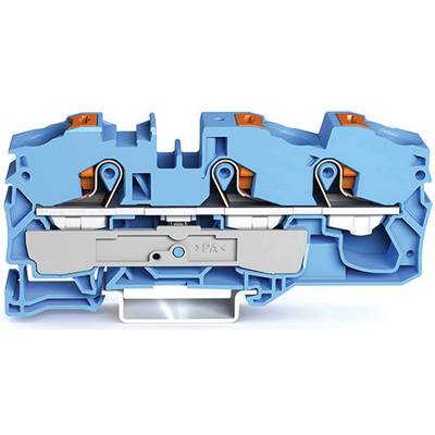 A blue, two-part electrical terminal block for securely connecting cables, with two parallel conductors.