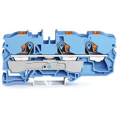 Cross-section of a blue electrical terminal block with copper connections and a grey lever mechanism, used in control panels.