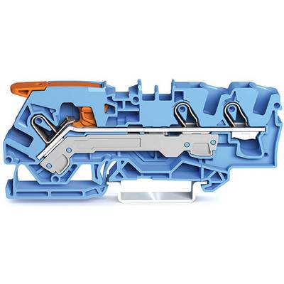 Cross-sectional model of a blue and orange mechanical component, showing its internal components and arrangement.