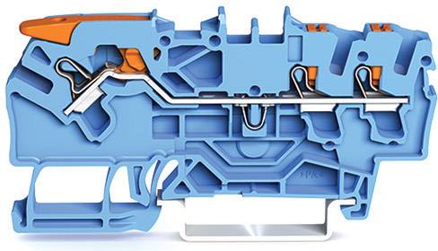 Cross-section of a blue connector shows internal structure with orange and silver elements for current conduction and insulation.
