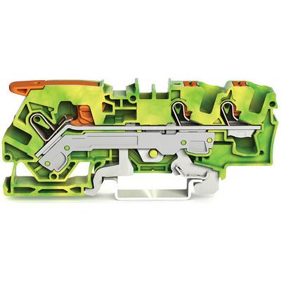 Cross-section of a green, yellow, and orange mechanical component with metal parts, showing internal structure and connections.