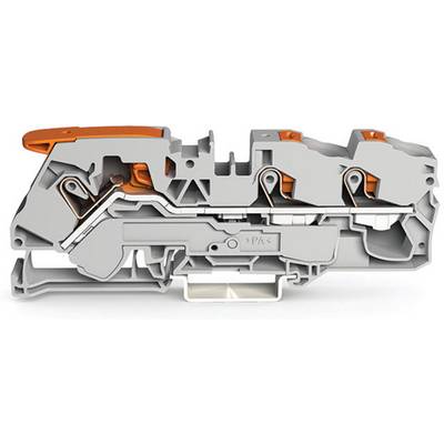 A grey, complex electrical terminal system with orange elements, likely used for connecting wires.
