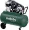 Industrial compressor with green tank and two wheels, brand 'Metabo', model 'Mega 350-100 D'. Primarily for workshop applications.