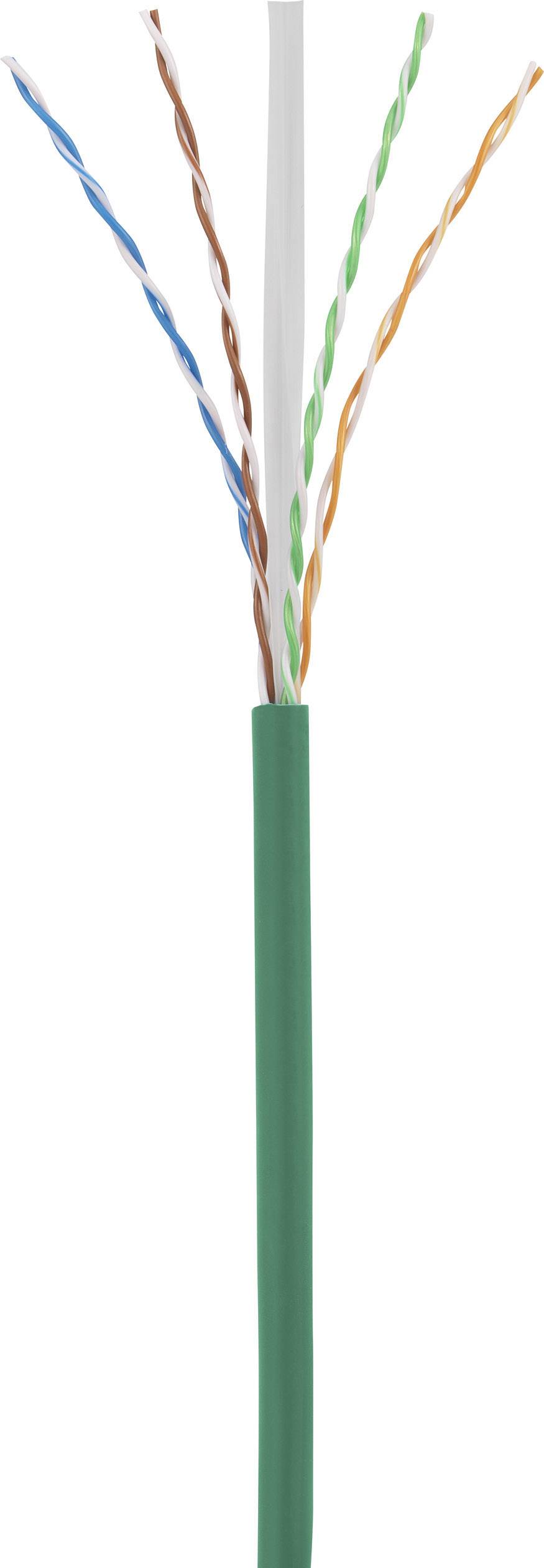 An open network cable with four twisted wire pairs in blue, green, orange, and brown colours, without a plug.