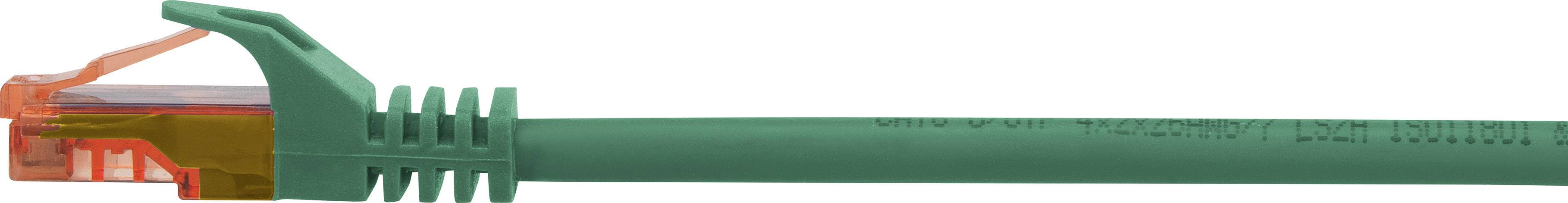 Green Ethernet cable with RJ45 plug, lying on its side. Used for network connections in computer networks.