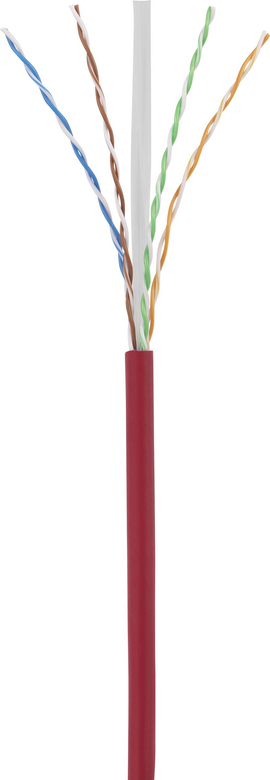 A red network cable with four colour-coded, twisted wire pairs: blue, green, orange, and brown, depicted unshielded.