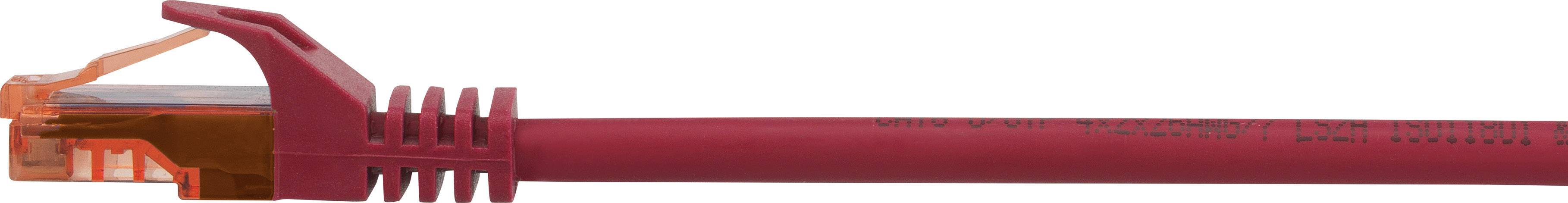 Red network cable with RJ45 connector, used for Ethernet connections and data transmission in computer networks.