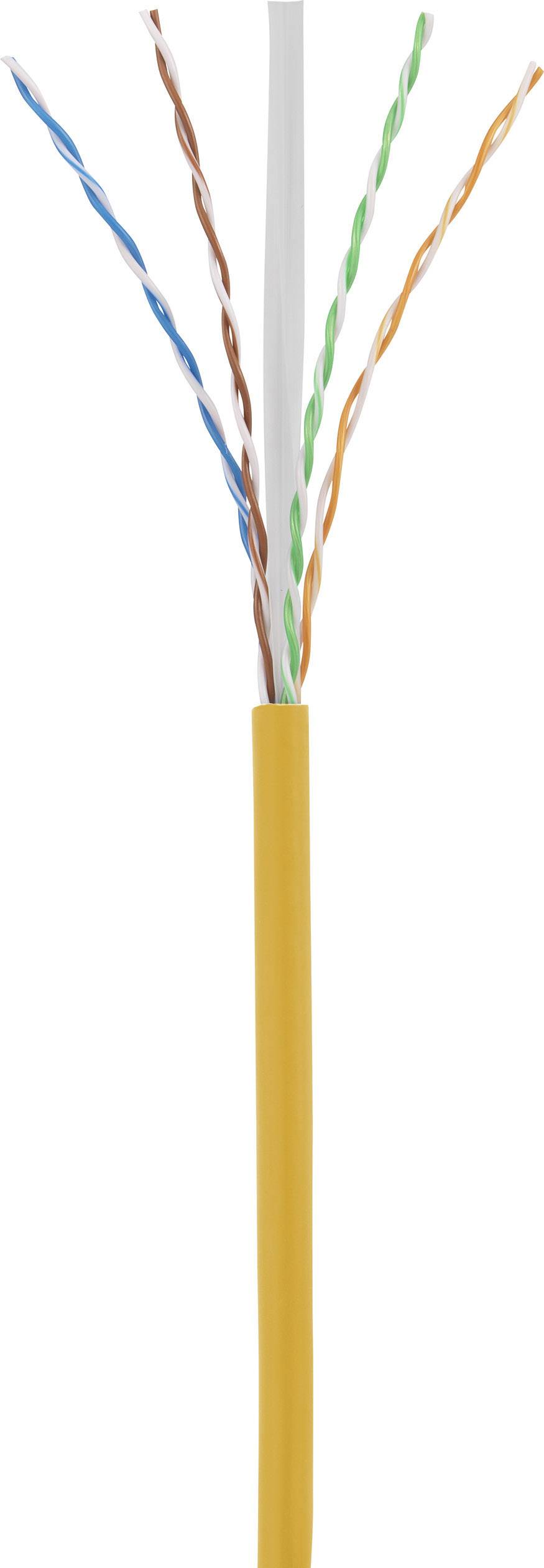 An open network cable with four twisted wire pairs in different colours, enclosed by a yellow jacket.