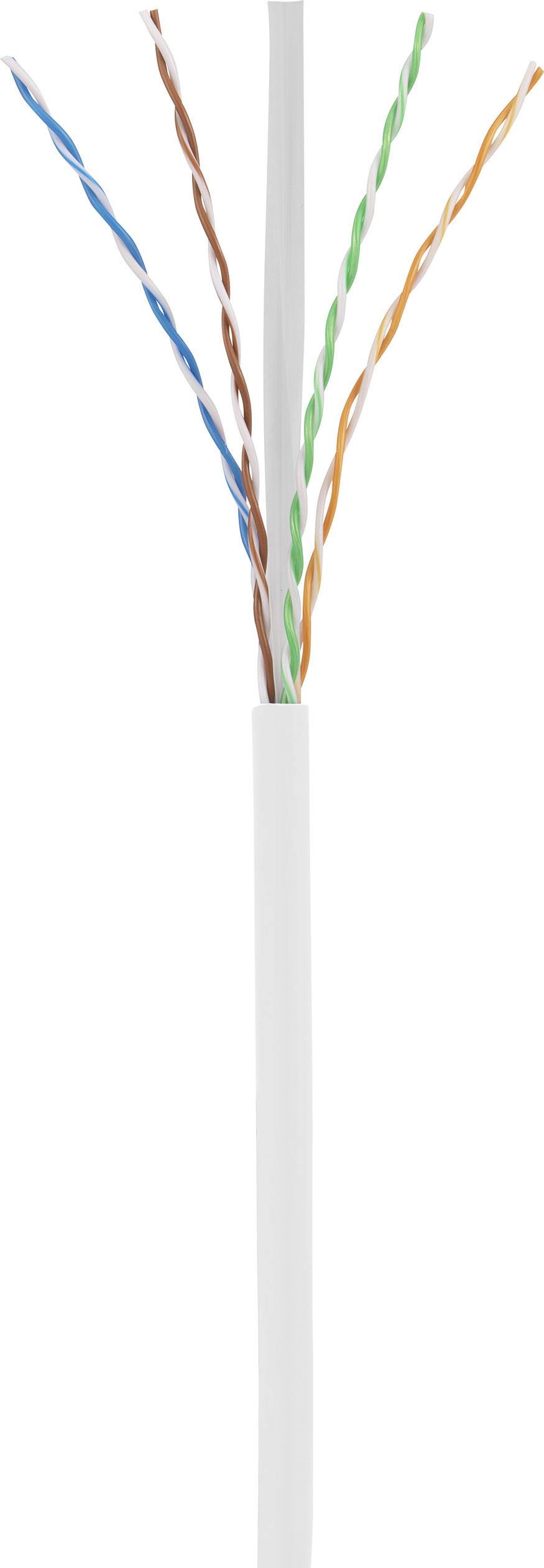 Isolated image of a LAN cable with four twisted wire pairs in white, blue, orange, green, and brown, without a connector.