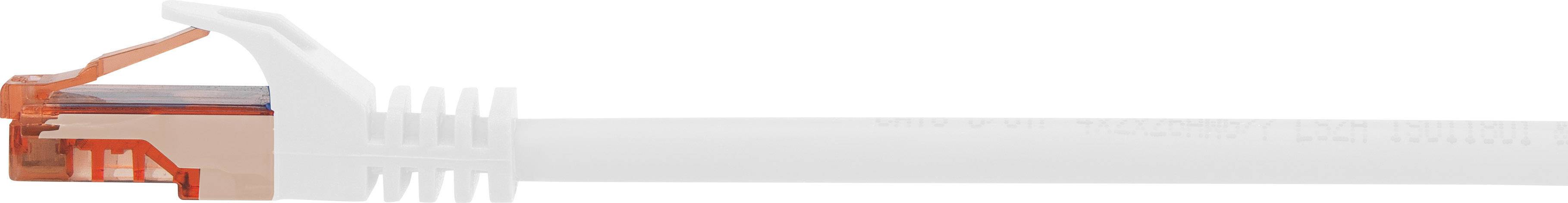 A white Ethernet cable with an orange RJ45 connector runs from left to right. The cable is smooth and undamaged.