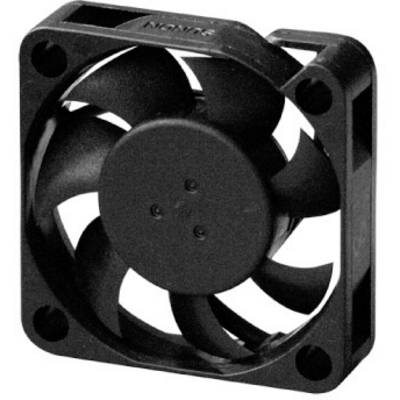 A black computer fan with five blades in a square frame.