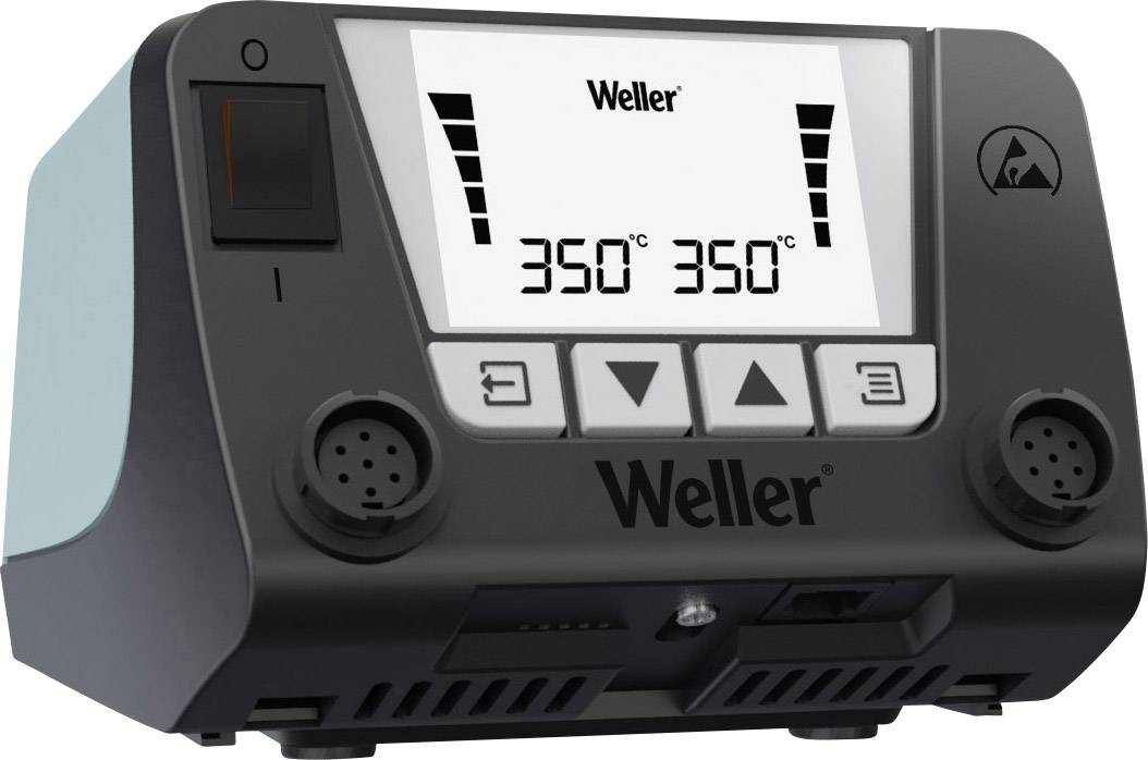 Weller soldering station showing two temperature displays, both set to 350 degrees Celsius. Control buttons and display on the front panel.