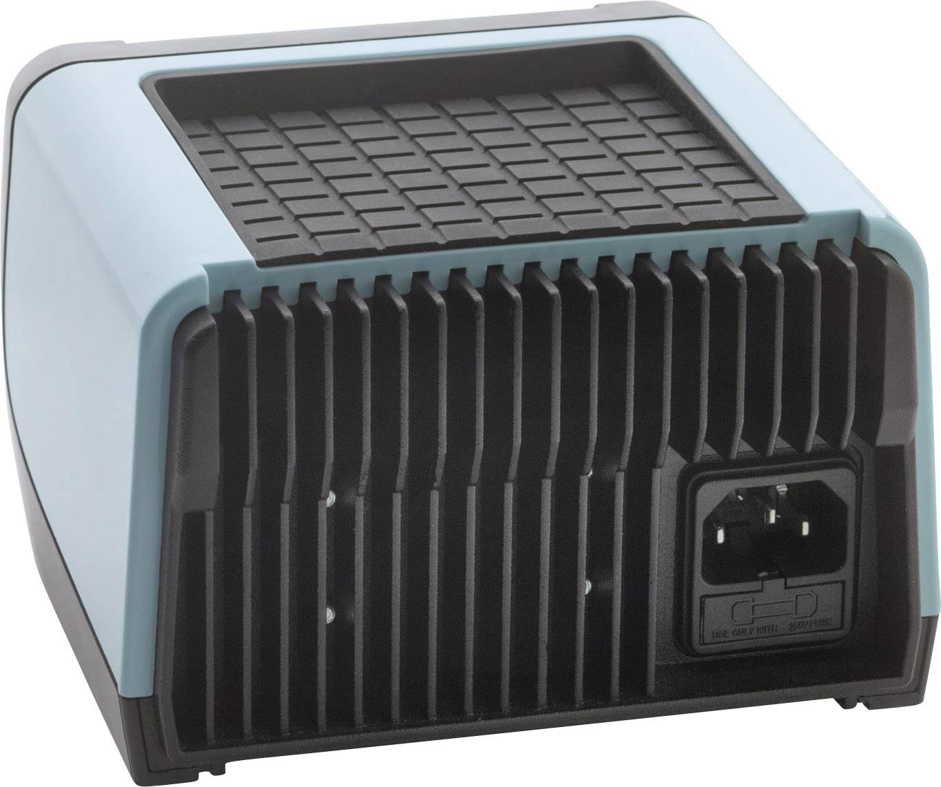 A navy blue and black electronic device with ventilation grilles and a power socket on the back, possibly a charger.