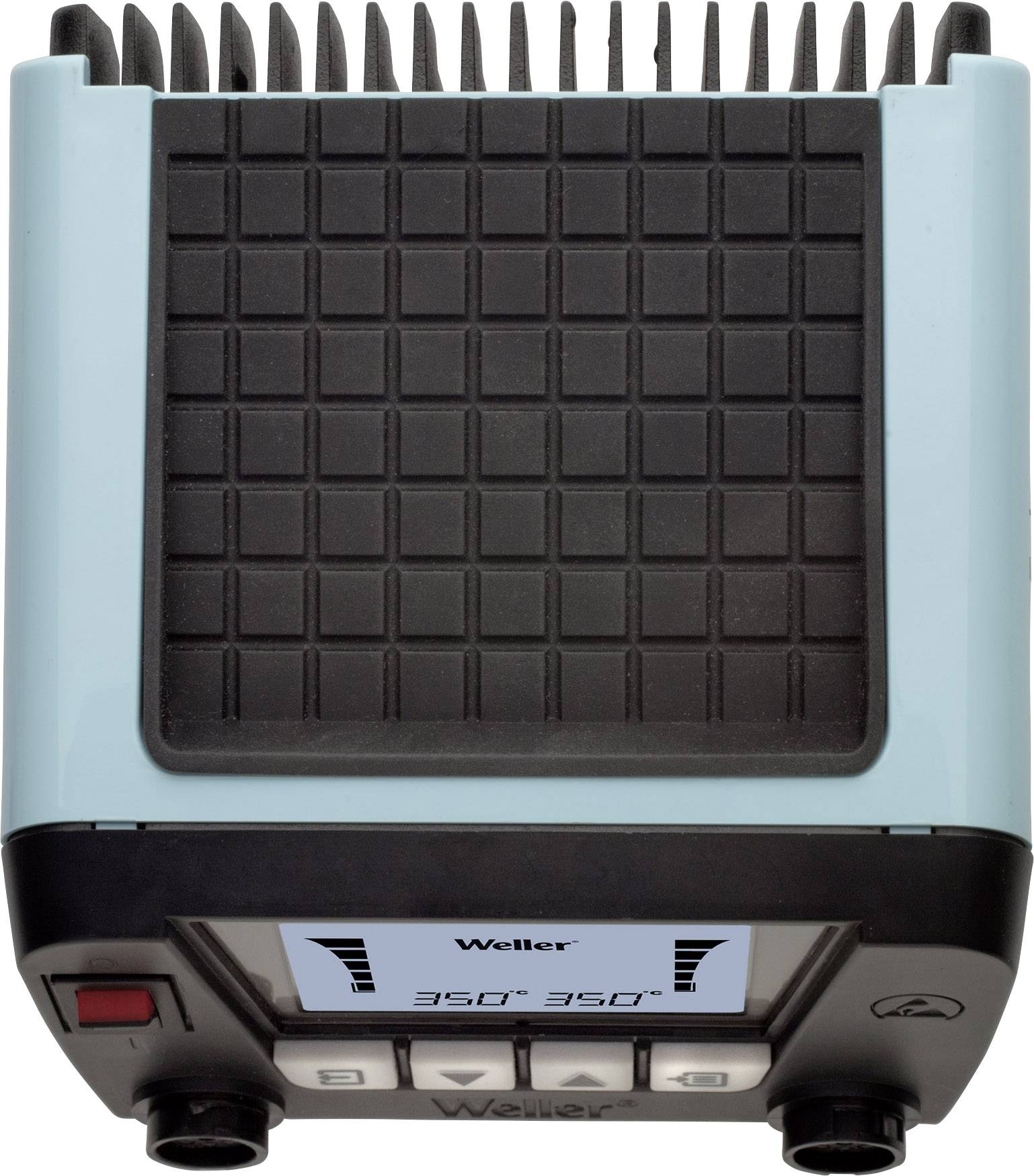 A soldering iron temperature control device with a digital display shows '350° 350°'. Temperature adjustment buttons are visible.