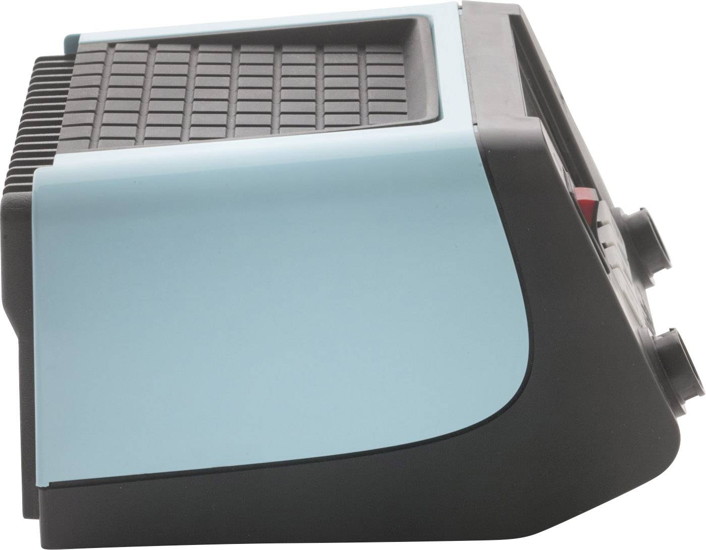 Side view of a blue robust electronic device with a black grille at the top and buttons on the front.