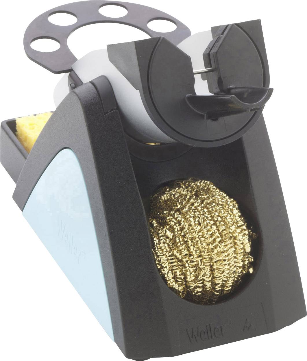 Soldering iron stand with sponge and metal spiral disc for cleaning the soldering tip.