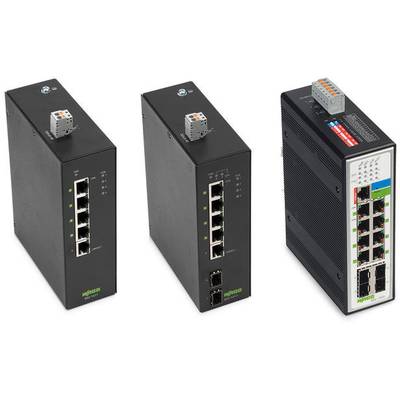 Three industrial network switches, each with multiple Ethernet ports. One shows colourful ports and status indicators, while the others have a more straightforward design.