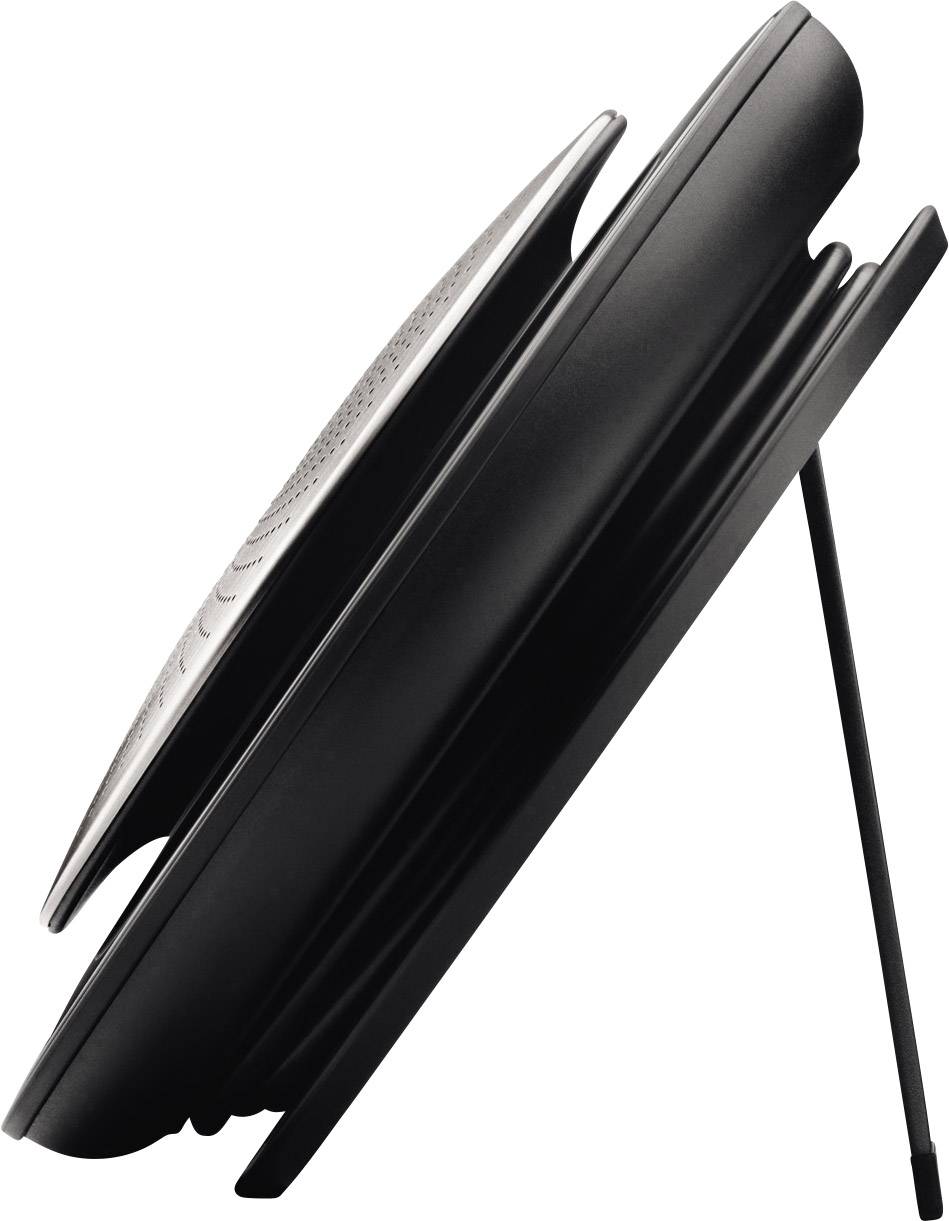 A black, oval speaker plate viewed from the side, tilted on a stand. Contains small holes on the front.