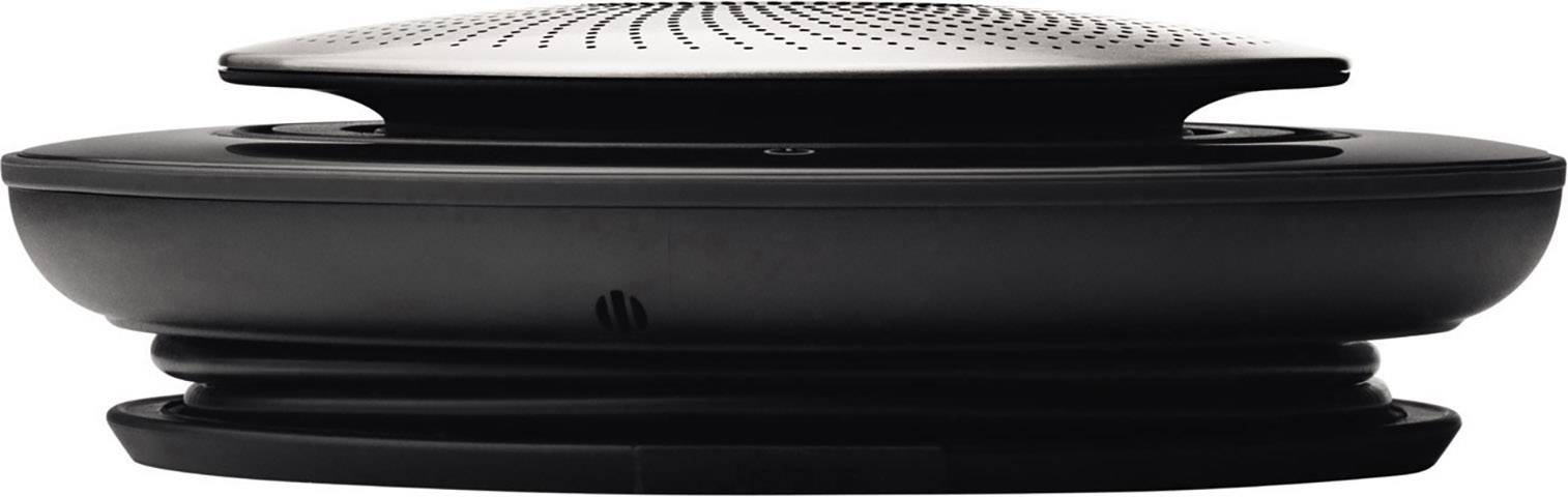 A black, round speaker with a perforated cover, photographed from the side. Suitable for use in conference rooms.