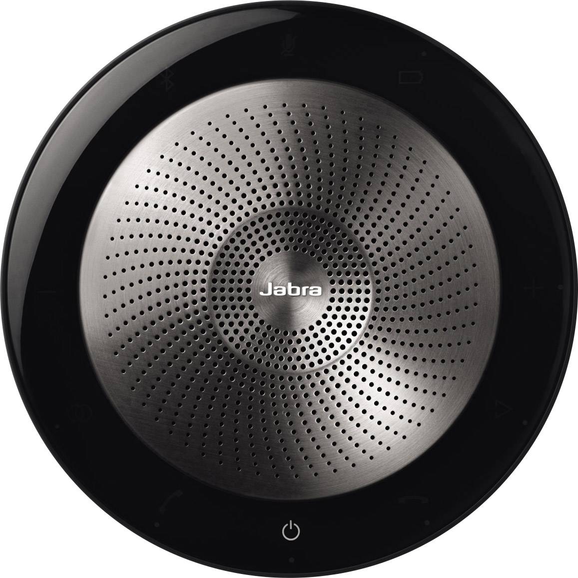 Round, black conference speaker device. Central silver speaker with many small holes. Brand is visible.